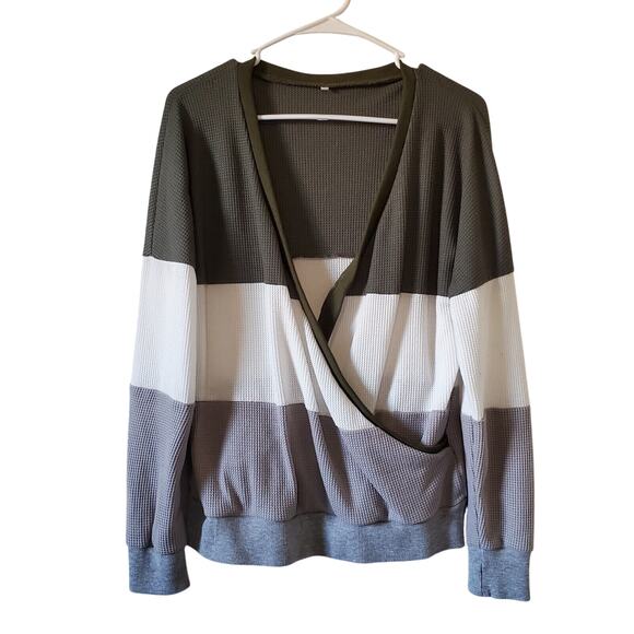 Faux Wrap Blouse Top Womens M Gray White Stripe Waffle Knit Long Sleeve Pullover - Picture 3 of 9